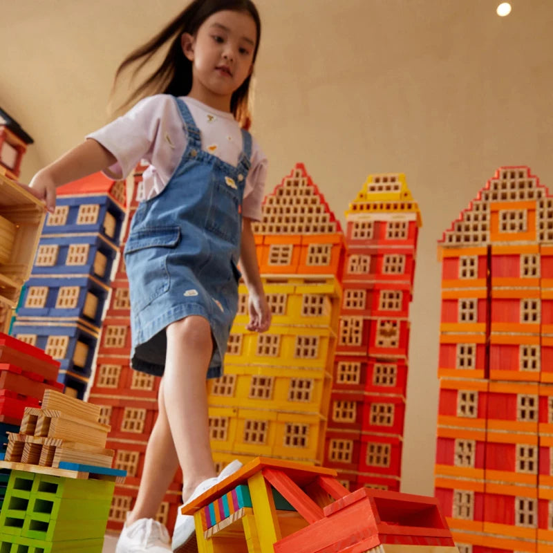 Mideer - Cityblocks - Archimedes Wooden Blocks - warm Color Palette - Age 3+ | ميدير - مكعبات بناء المدينة -مكعبات ارخميدس الخشبية - ألوان غامقة -العمر 3+