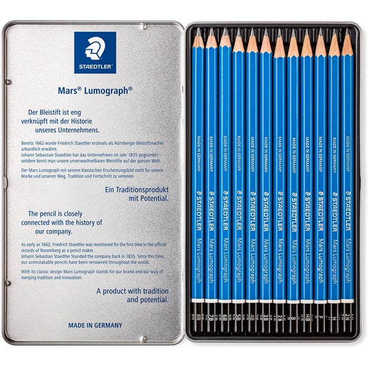 Staedtler Mars Lumograph Pencils 8B-2H with Soft Grades - Tin of 12