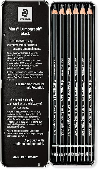 Staedtler Mars Lumograph Black, Carbon Blend Provides Jet Black Lines, Professional Art Pencils, Tin of 6 Assorted Black Sketch Pencils, 100B G6