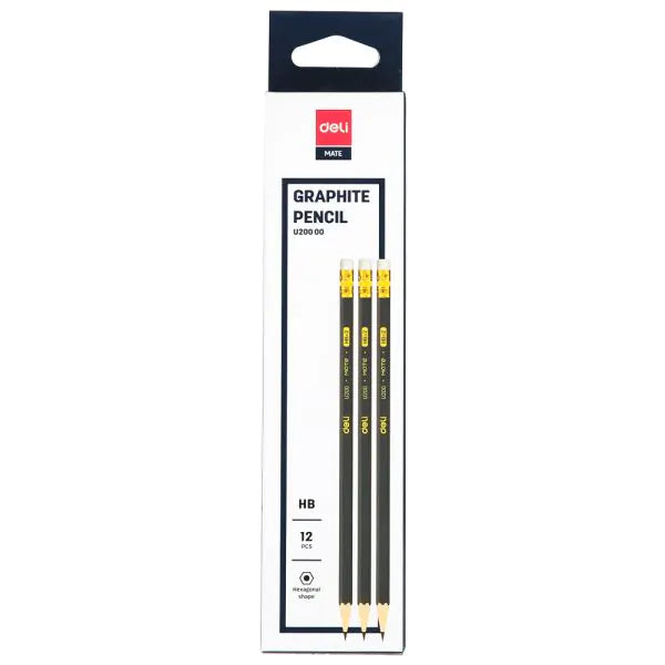 Deli Matte Graphite HB Pencil with Eraser - 12 Pieces - Dark Grey