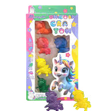 Unicorn toy with colorful packaging featuring rainbow and cloud designs.