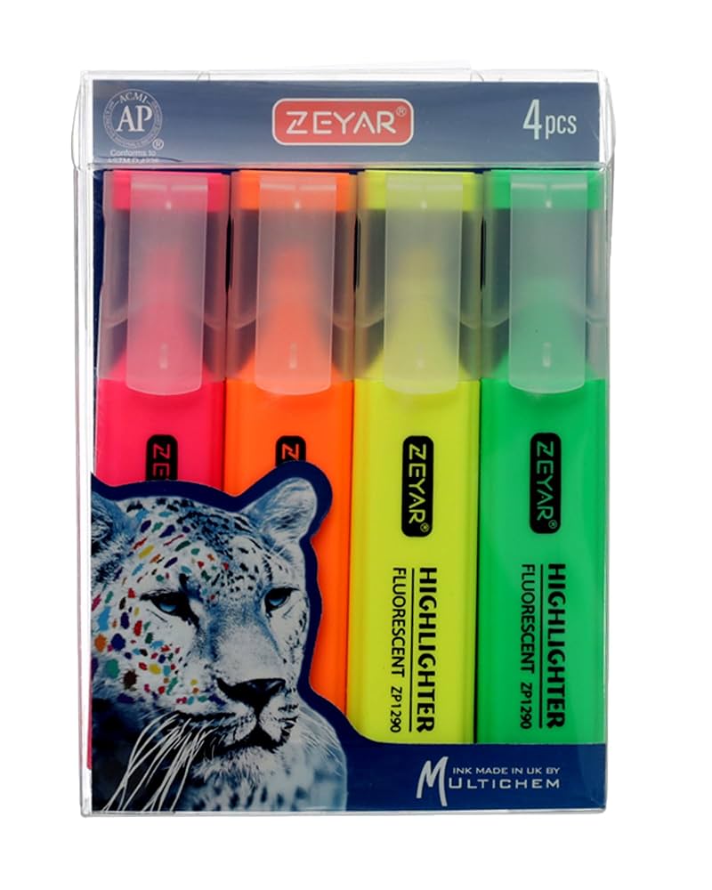 Zeyar Zp1290-4 Highlighter Fluorescent 4 Pen - Multi Color