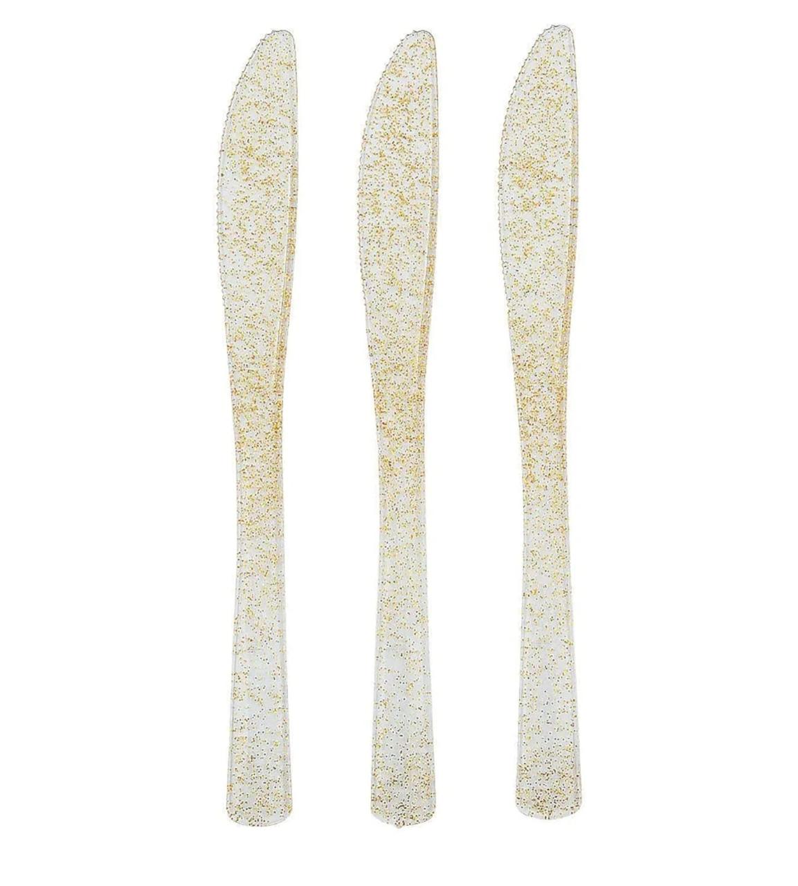 20 PCS Gold Glitter Plastic Knives - large , Disposable Party Cutlery, Elegant & Durable Design for Birthdays, Events & Celebrations – سكاكين بلاستيك ذهبي بجليتر 20 قطعة حجم كبير ، أدوات طعام للاستعمال مرة واحدة، تصميم أنيق ومتین للحفلات والمناسبات