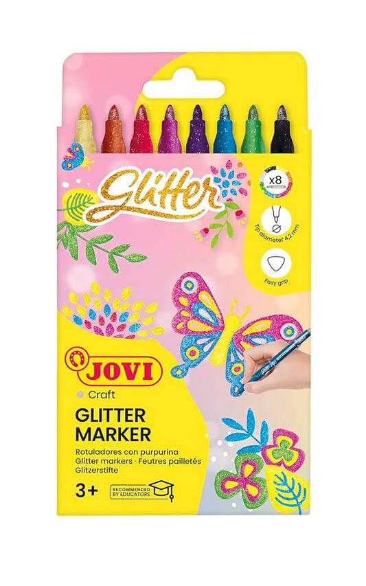 Jovi Glitter Markers, a pack of 8 assorted colored felt-tip pens with glitter ink.