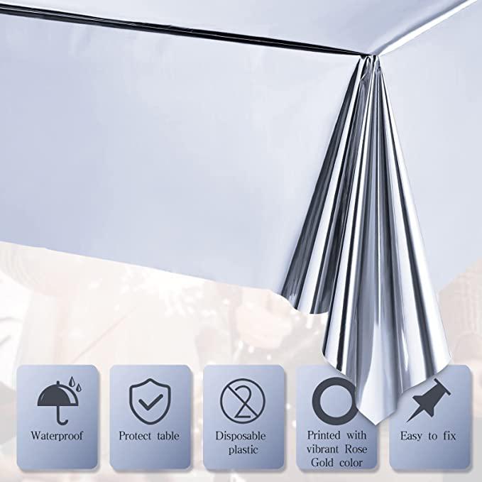 Foil Table Cover – 1 PCS, Silver, 137×183 cm Metallic Disposable Tablecloth, Waterproof Party Table Decoration مفرش طاولة فويل – قطعة واحدة، فضي، قياس 137×183 سم، غطاء طاولة معدني مقاوم للماء للحفلات