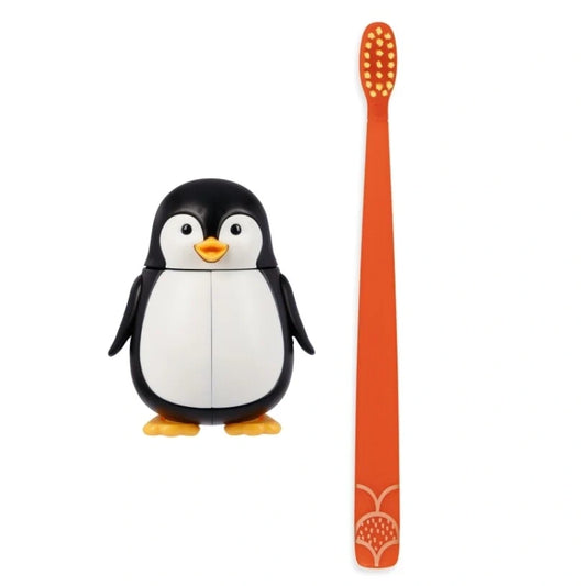 Toothbrush Cover & Toothbrush Flp Fun Animal Combo Pack / Penguin طقم فرشاة أسنان للأطفال مع غطاء بشكل بطريق لطيف ومرح