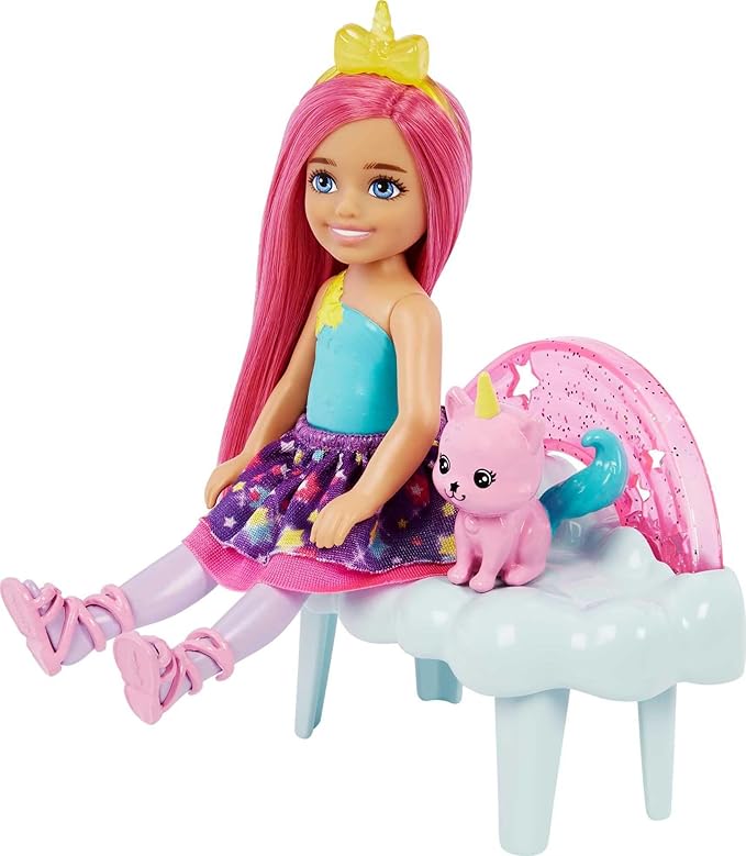 Barbie Dreamtopia Chelsea Doll & Playset, Cloud-Themed Gazebo Swing, Kitten & Accessories Including Unicorn Headband & Tail for Small Doll with Pink Hair