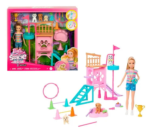 Barbie & Stacie Puppy Obstacle Course Playset with Doll, 3 Puppies & Accessories – Ages 3+