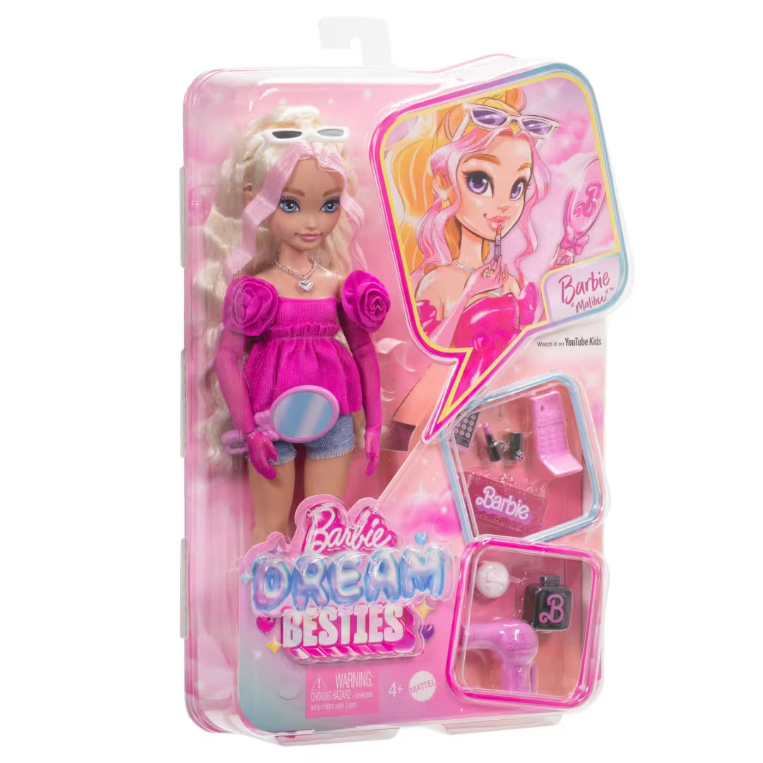 Barbie Dream Besties Doll and Accessories, Malibu” Posable Fashion Doll with Wavy Blonde Hair, 11 Makeup and Hair Themed Pieces