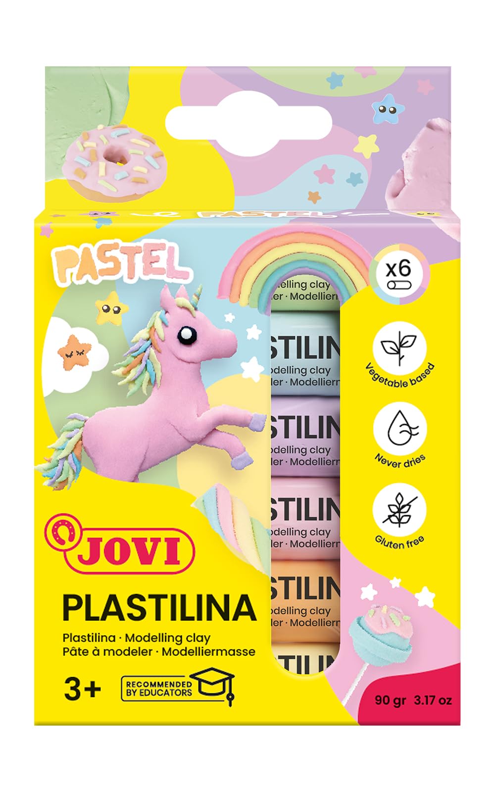 New Jovi Plastilina Reusable and Non-Drying Modeling Clay; Pastel Colors, 0.50 Oz. Bars, Set of 6, Perfect for Arts and Crafts Projects