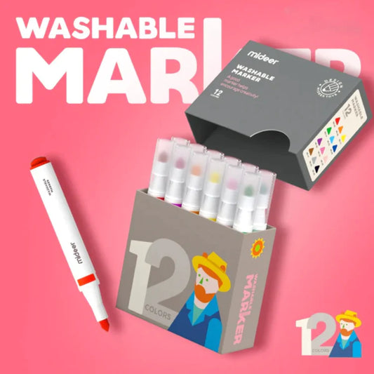 Mideer - Washable Marker Small tip - 12 colors - Age 3+ | ميدير مجموعة الألوان المائية للأطفال القابل للغسل -12 أقلام - العمر 3+