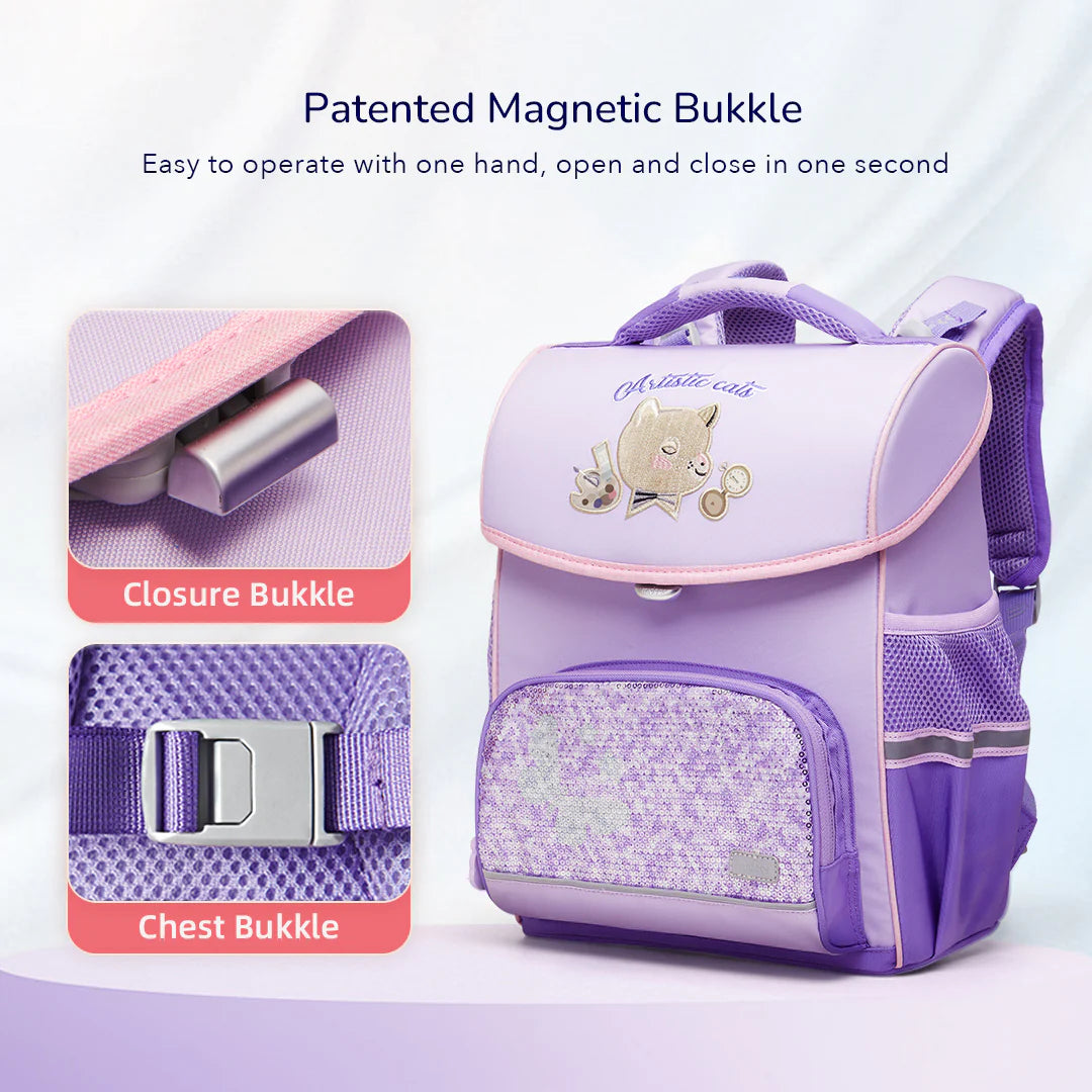 Mideer - Spinecare Kids Backpack - Cat - Purple - Age 6-9 | ميدير - حقيبة ظهر سبينكير للأطفال - القطة - بنفسجي - العمر 6-9
