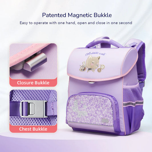 Mideer - Spinecare Kids Backpack - Cat - Purple - Age 6-9 | ميدير - حقيبة ظهر سبينكير للأطفال - القطة - بنفسجي - العمر 6-9