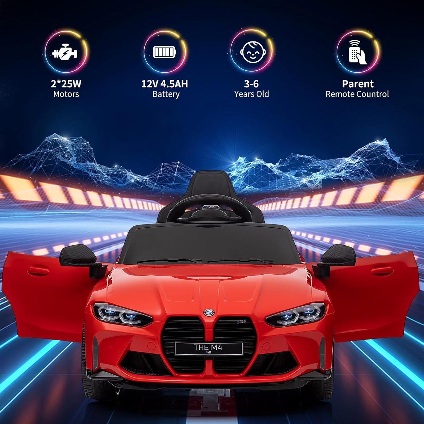 BMW M4 Licensed R/C Ride on Car- 12V10AH*1battery- 390#*2 motors | سيارة BMW M4 كهربائية – تحكم عن بُعد 2.4 جيجا هرتز – بطارية 12 فولت 10 أمبير – محركان 390#