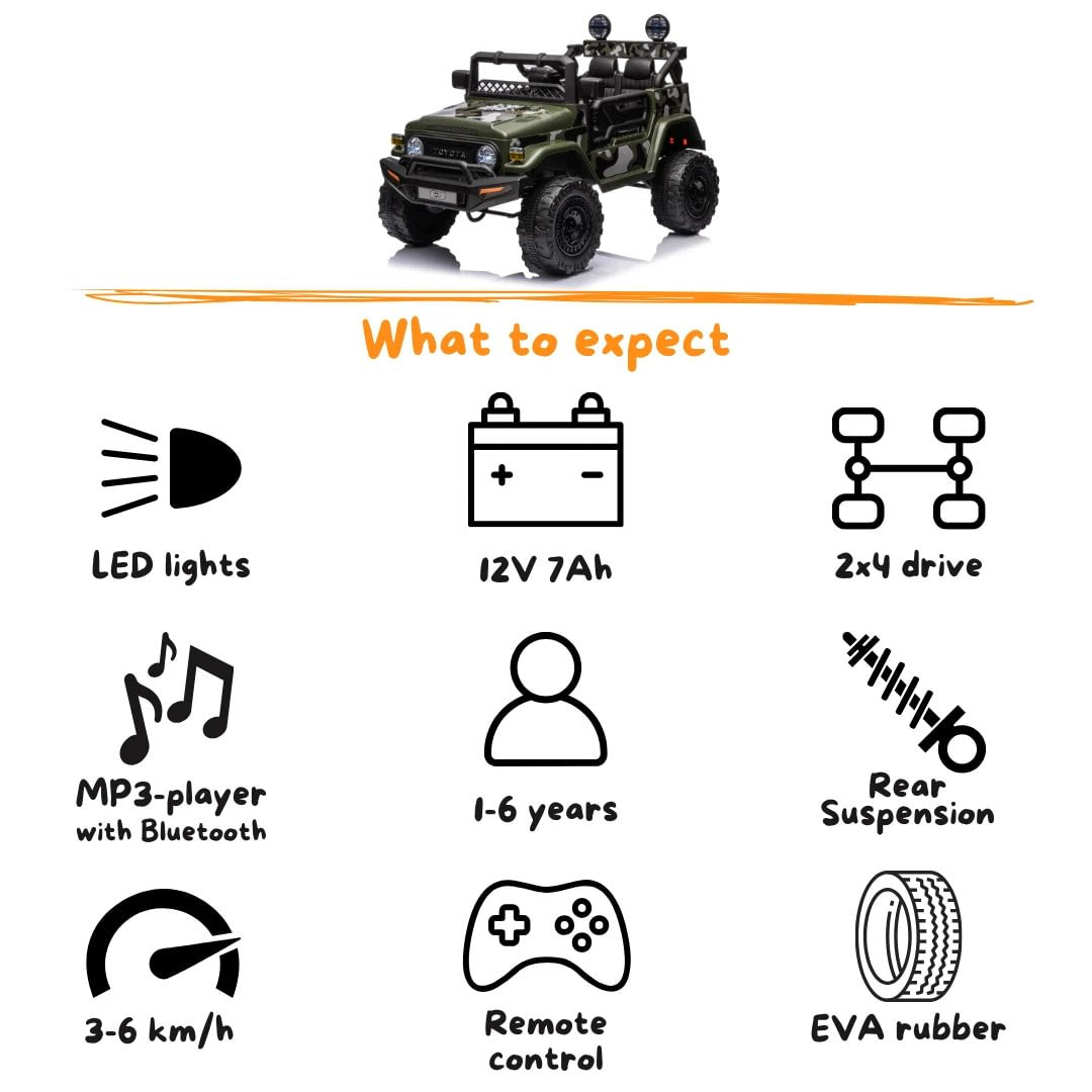 Toyota FJ Cruiser Licensed R/C Ride on Car -12V4.5AH*1battery- 4motors | سيارة كهربائية للأطفال بترخيص تويوتا FJ كروزر وتعمل بالتحكم عن بعد - بطارية 12 فولت 4.5 أمبير ×1 - 4 محركات