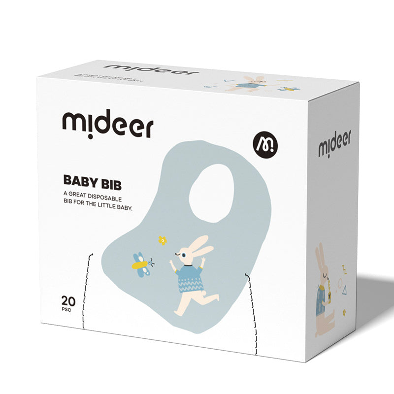 Mideer - Disposable Baby Bib - Blue Bunny 20pcs - 3+ months | ميدير - مريلة أطفال للاستعمال مرة واحدة - الأرنب الأزرق - 20 قطعة - العمر 3 أشهر+