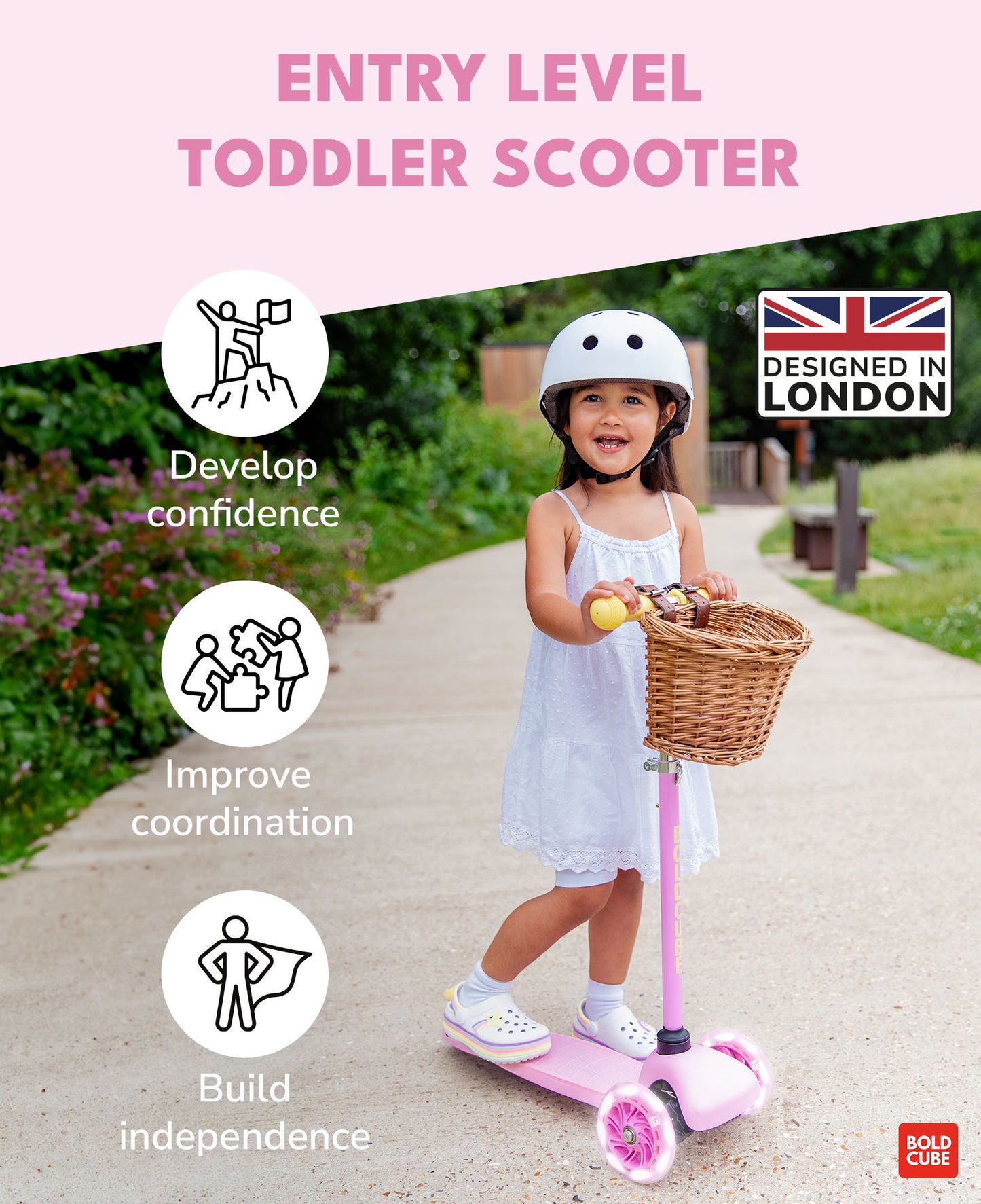 Bold Cube - Three Wheel Scooter Teeny - Pink - Age 3-6 | بولدكيوب - سكوتر صغير - ثلاث عجلات - وردي - العمر 3-6