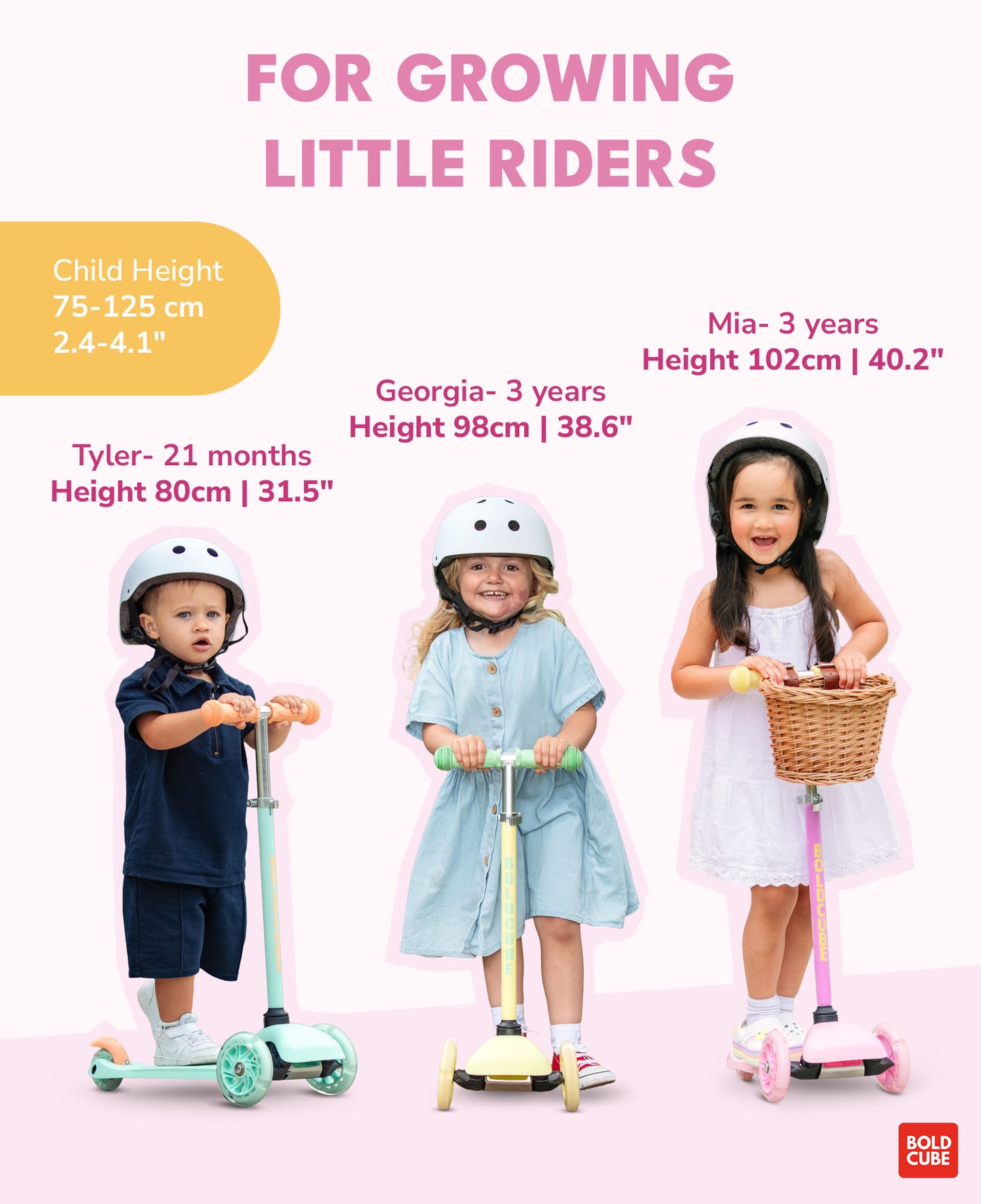 Bold Cube - Three Wheel Scooter Teeny - Pink - Age 3-6 | بولدكيوب - سكوتر صغير - ثلاث عجلات - وردي - العمر 3-6