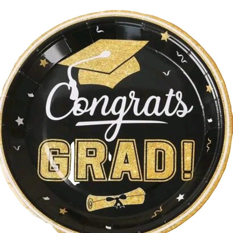 Paper Plate 8 PCS1 " Congrats grad" Gold - 9 inch / 23 cm Premium Quality Disposable Party Plates, Elegant & Durable Design for Events صحن ورق 8 قطع تهنئة بالتخرج ذهبي 9 /23 سم، صحون حفلات عالية الجودة للاستعمال مرة واحدة، تصميم أنيق ومتین للمناسبات