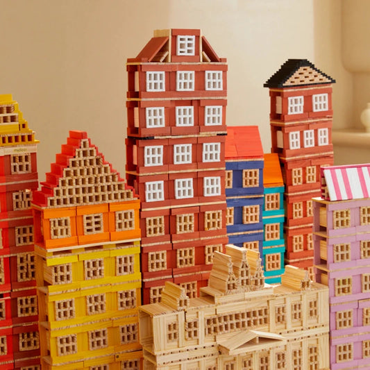Mideer - Cityblocks - Archimedes Wooden Blocks - warm Color Palette - Age 3+ | ميدير - مكعبات بناء المدينة -مكعبات ارخميدس الخشبية - ألوان غامقة -العمر 3+