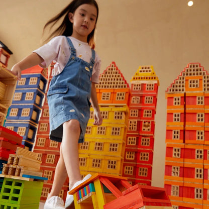 Mideer - Cityblocks - Archimedes Wooden Blocks - warm Color Palette - Age 3+ | ميدير - مكعبات بناء المدينة -مكعبات ارخميدس الخشبية - ألوان غامقة -العمر 3+