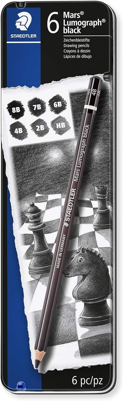 Staedtler Mars Lumograph Black, Carbon Blend Provides Jet Black Lines, Professional Art Pencils, Tin of 6 Assorted Black Sketch Pencils, 100B G6