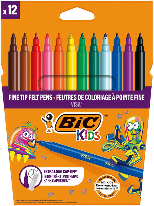 BIC Kids Visa Felt Pens - Assorted Colours, Wallet of 12