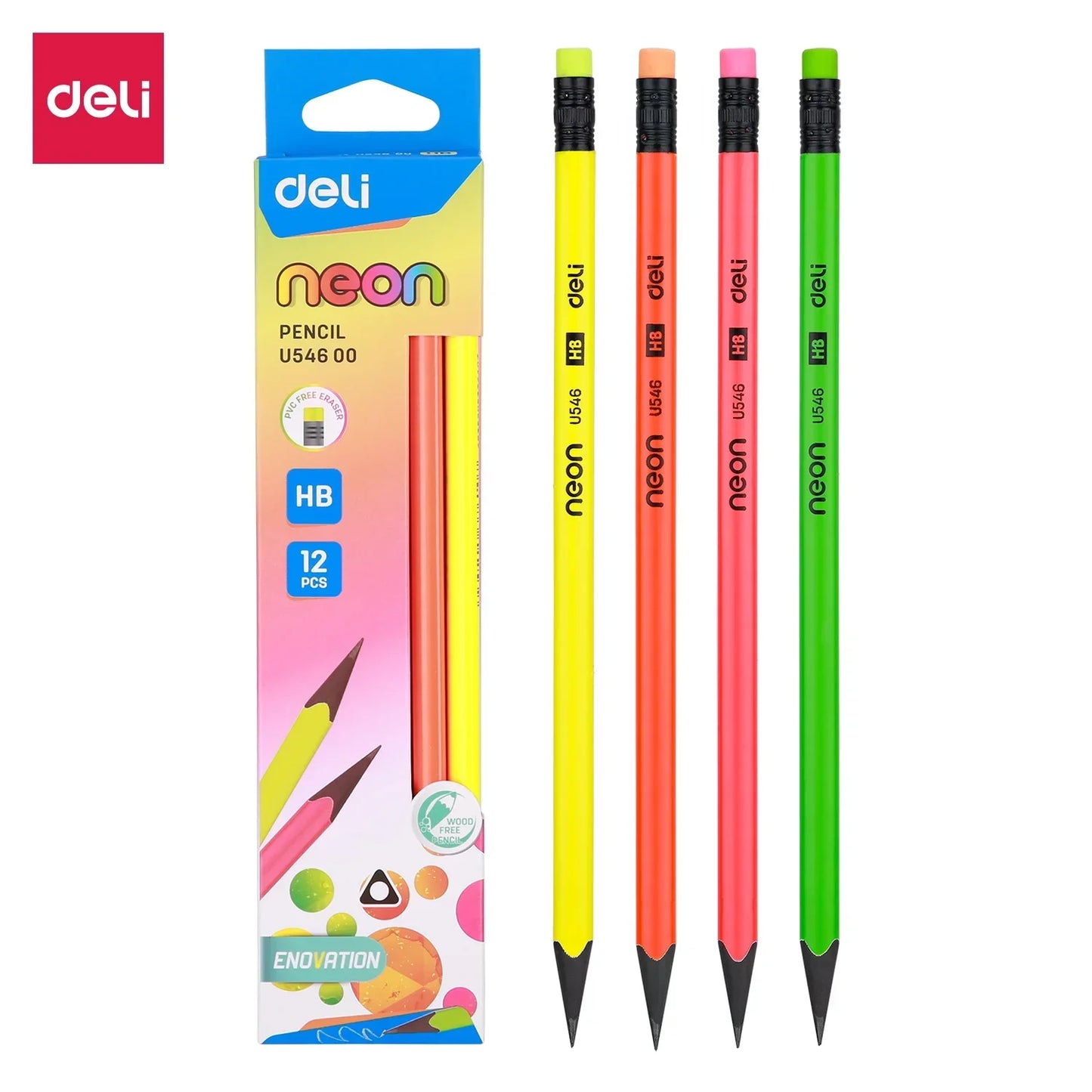 deli Neon Series Pre-Sharpened Wood-Free HB Pencils with Eraser (12 Pcs)