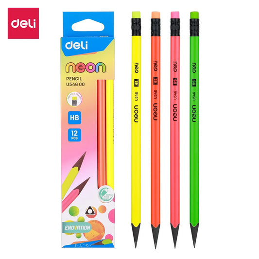 deli Neon Series Pre-Sharpened Wood-Free HB Pencils with Eraser (12 Pcs)
