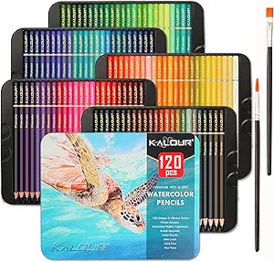 KALOUR Professional Watercolor Pencils, Set of 120 Colors,with Two Brush,Numbered and Lightfastness,Water-soluble Colored Pencils for Adult Coloring Book,Water Color Pencils for Artists Beginner Kids