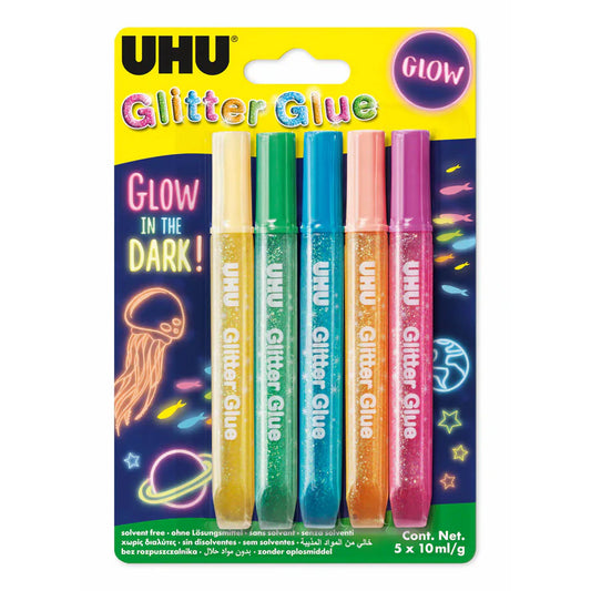 UHU Glitter Glue Glow in the Dark 5x10ml/g