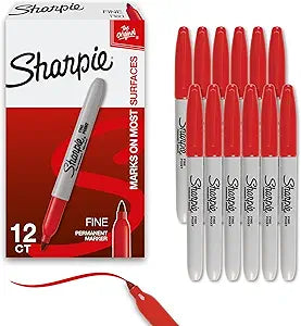 Sharpie Permanent Markers Set Fine Tip Markers Quick Drying And Fade Resistant For Plastic Metal Wood And More Drawing Coloring And Poster Marker Red 12 Count
