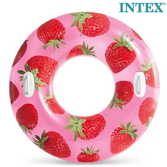 INTEX Tropical Fruit Tube Strawberry Design, Inflatable Pool Tube with Two Handles, 80kg Load Capacity, Includes Repair Patch