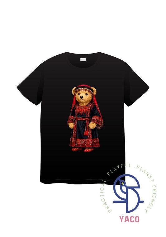 Jordan Embroidered Outfit Teddy Bear T-Shirt – Independence Day Special Edition | Premium Cotton Kids Tee تيشيرت دبدوب أردني بلباس مطرز – إصدار خاص بعيد الاستقلال | تيشيرت أطفال قطن فاخر