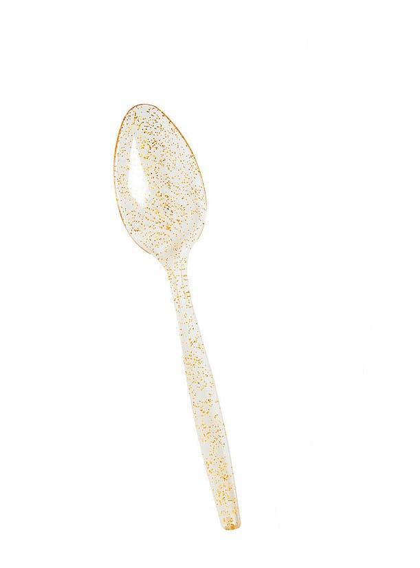 Gold Glitter Plastic spoons - Medium – 20 PCS, Disposable Party Cutlery, Elegant & Durable Design for Birthdays, Events & Celebrations ملاعق بلاستيك ذهبي بجلتر حجم وسط – 20 قطعة، أدوات طعام للاستعمال مرة واحدة، تصميم أنيق ومتین للحفلات والمناسبات