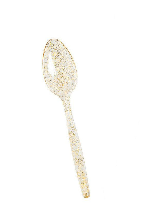 Gold Glitter Plastic spoons - Medium – 20 PCS, Disposable Party Cutlery, Elegant & Durable Design for Birthdays, Events & Celebrations ملاعق بلاستيك ذهبي بجلتر حجم وسط – 20 قطعة، أدوات طعام للاستعمال مرة واحدة، تصميم أنيق ومتین للحفلات والمناسبات