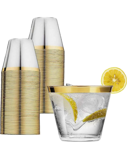 Plastic Cups with Gold Rim – 25 PCS, Premium Disposable Party Cups كاسات بلاستيك بإطار ذهبي – 25 قطعة، كاسات حفلات عالية الجودة للاستعمال مرة واحدة