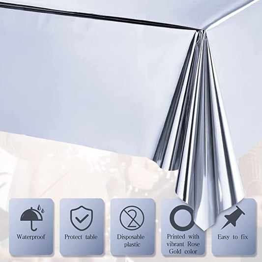 Foil Table Cover – 1 PCS,  Silver, 137×183 cm Metallic Disposable Tablecloth, Waterproof Party Table Decoration مفرش طاولة فويل – قطعة واحدة، فضي، قياس 137×183 سم، غطاء طاولة معدني مقاوم للماء للحفلات