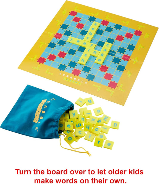 Scrabble Junior Kids Crossword Game with 2-Games-in-1, 2-Sided Game Board for 2 to 4 Players Ages 6 to 10 Years Oldلعبة كلمات متقاطعة مع لوح لعب مزدوج الوجهين، من 2 إلى 4 لاعبين، الأعمار من 6 إلى 10 سنوات