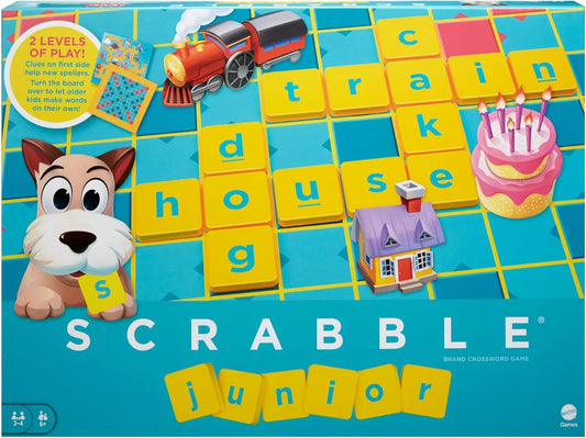 Scrabble Junior Kids Crossword Game with 2-Games-in-1, 2-Sided Game Board for 2 to 4 Players Ages 6 to 10 Years Oldلعبة كلمات متقاطعة مع لوح لعب مزدوج الوجهين، من 2 إلى 4 لاعبين، الأعمار من 6 إلى 10 سنوات