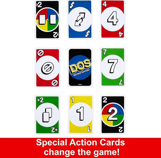 Mattel Games DOS Second Edition Card Game for Kids & Families, Color Blind Accessible Deck for Groups & Partiesلعبة بطاقات DOS ا للأطفال والعائلات، مع مجموعة بطاقات قابلة للأشخاص ضعاف النظر بالألوان لنسخة الثانية