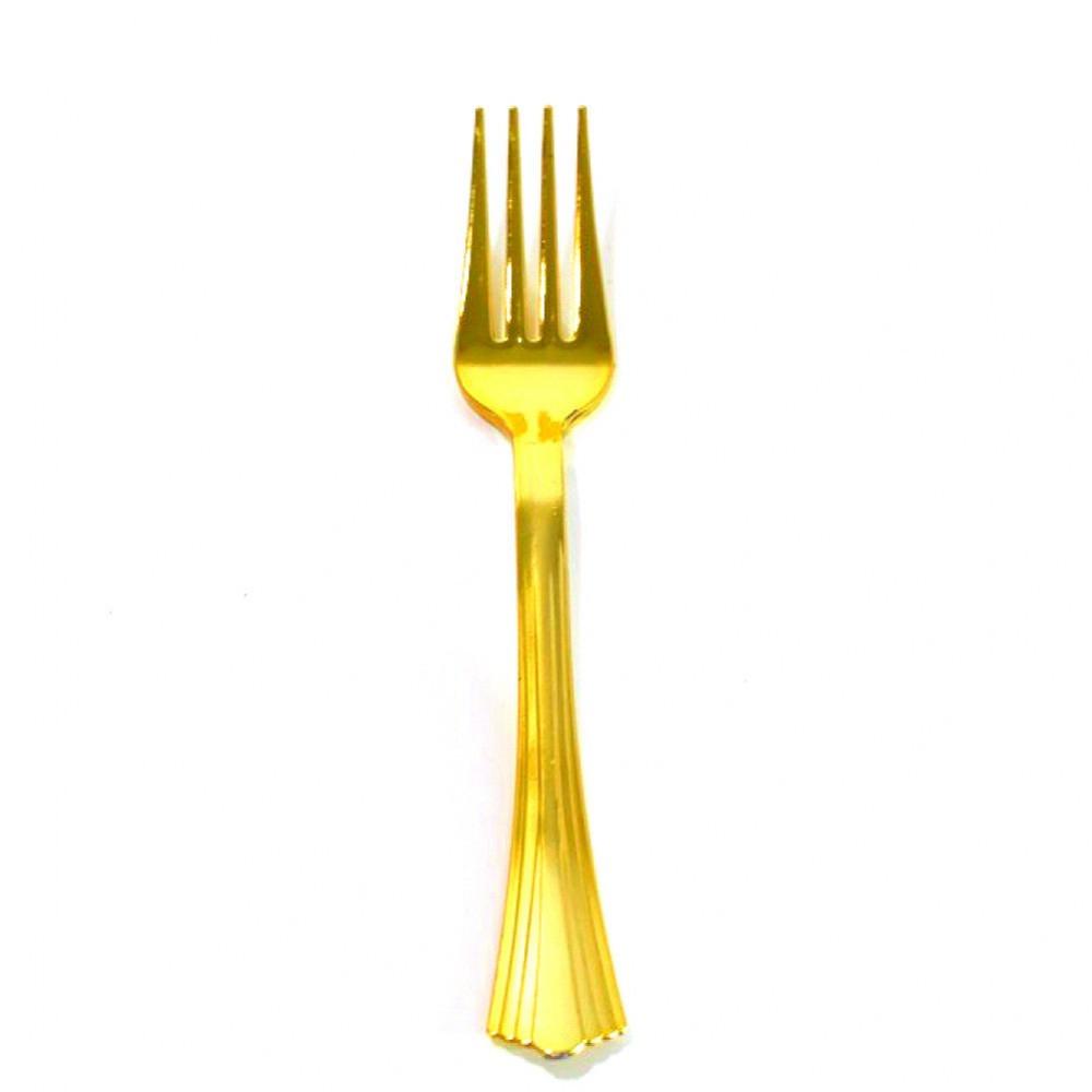 Fork ( Gold ) 10 PCS – , Disposable Party Cutlery, Elegant & Durable Design for Birthdays, Events & Celebrations شوك بلاستيك ذهبي– 10قطع، أدوات طعام للاستعمال مرة واحدة، تصميم أنيق ومتین للحفلات والمناسبات