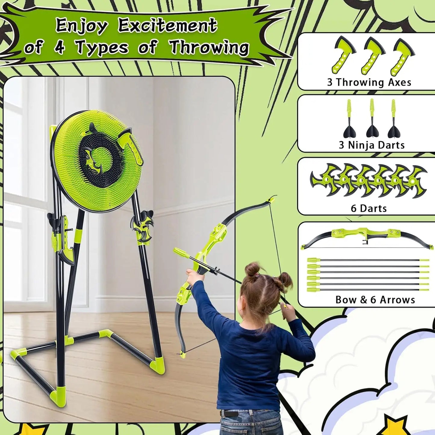 Aojie Sport - 18" Target Set (W/ 3 Axes, 3 Spiral Darts, 6 Darts, 1 Bow, 5 Arrows & Quiver)-لعبة رمي الفؤوس والسهام مع قوس و5 سهام و حافظة
