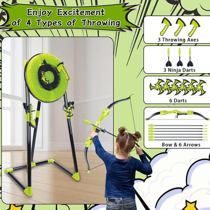 Aojie Sport - 18" Target Set (W/ 3 Axes, 3 Spiral Darts, 6 Darts, 1 Bow, 5 Arrows & Quiver)-لعبة رمي الفؤوس والسهام مع قوس و5 سهام و حافظة
