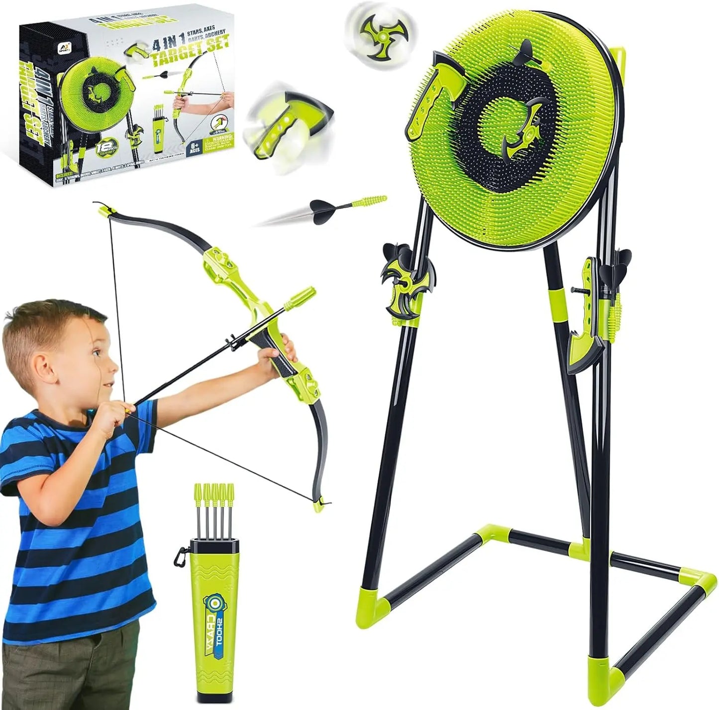 Aojie Sport - 18" Target Set (W/ 3 Axes, 3 Spiral Darts, 6 Darts, 1 Bow, 5 Arrows & Quiver)-لعبة رمي الفؤوس والسهام مع قوس و5 سهام و حافظة