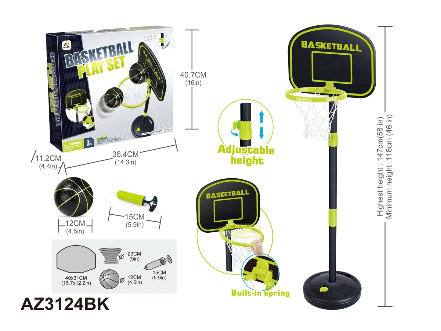 Aojie Sport - Basketball Set (W/ 4.5" Ball) - مجموعة كرة السلة (سلة قابلة للتعديل مع كرة مقاس 4.5 إنش )