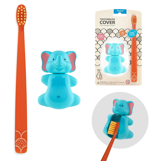 Toothbrush Cover & Toothbrush Flp Fun Animal Combo Pack / Elephant  طقم فرشاة أسنان للأطفال مع غطاء بشكل فيل لطيف ومرحي