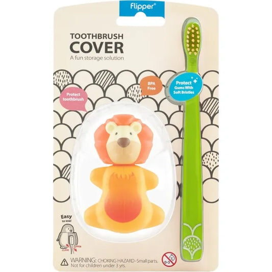 Toothbrush Cover & Toothbrush Flp Fun Animal Combo Pack / Lion   طقم فرشاة أسنان للأطفال مع غطاء بشكل أسد لطيف ومرح