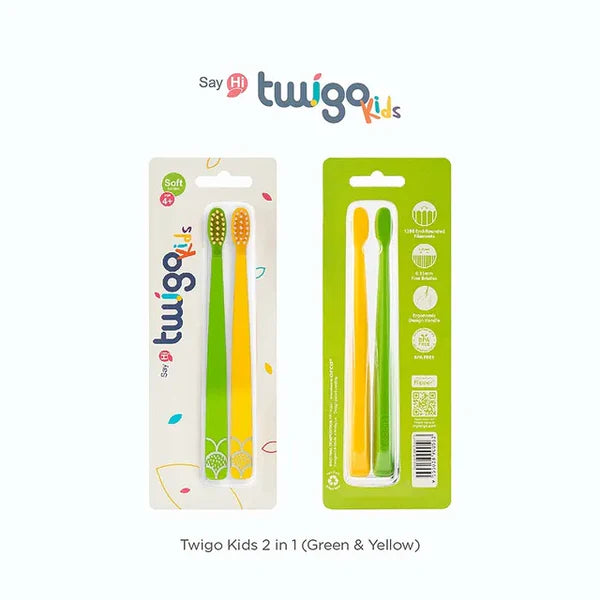 Toothbrush Flp Twigo Kids / Green & Yellow - 2pcs طقم فرشاة أسنان للأطفال Flipper Twigo – أخضر وأصفر (2 قطعة)