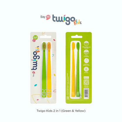 Toothbrush Flp Twigo Kids / Green & Yellow - 2pcs طقم فرشاة أسنان للأطفال Flipper Twigo – أخضر وأصفر (2 قطعة)